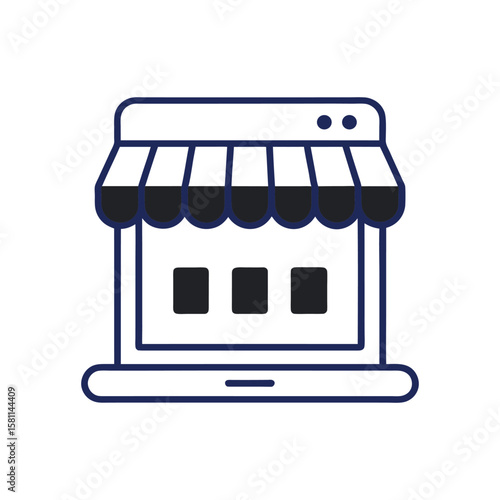 Illustration of a laptop displaying a storefront with awnings isolated on white background
