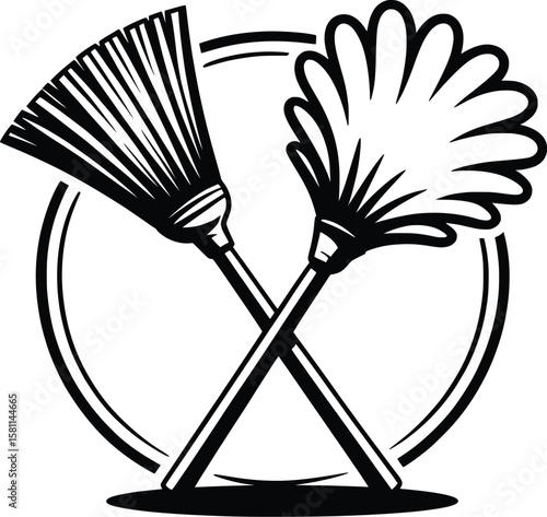Broom and Duster Cleaning Tools Icon Vector Clipart.

