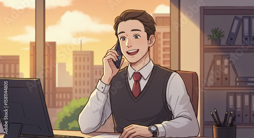 Cheerful businessman having a pleasant conversation on the phone at his workplace with a city view. Business vector illustration.