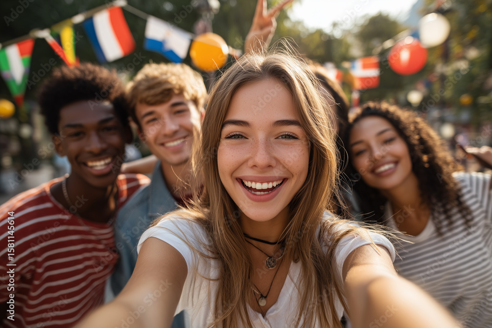 Fototapeta premium A joyful scene capturing a group of young people celebrating International Youth Day. 