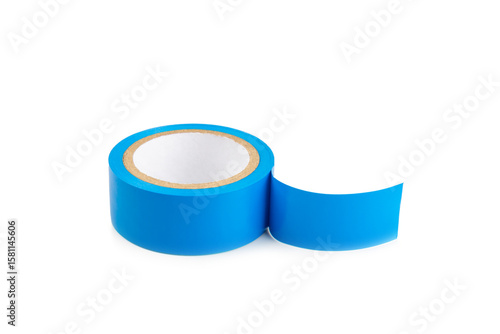 Insulating tape isolated on white background. Set of different colors insulating tape. Reel insulating tape. Construction tools. Electrician tools. Piece of scotch tape.