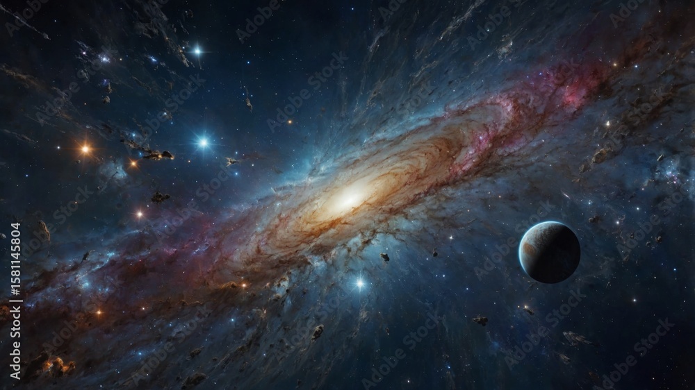 Fototapeta premium Vibrant spiral galaxy with a planet and countless stars in the cosmos.