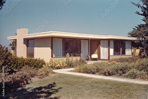 Mid-century modern home with light beige exterior, expansive windows, and lush landscaping