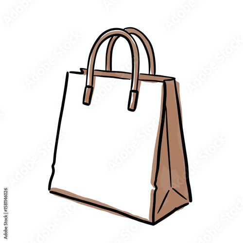 Brown shopping bag with handles in simple line art style  