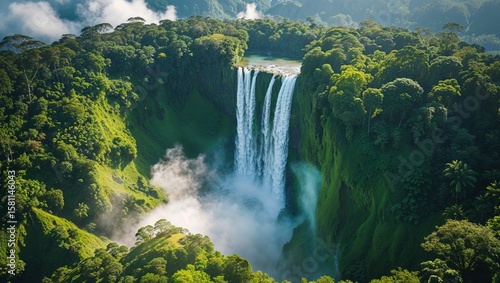 A majestic waterfall plunges dramatically into a verdant tropical valley.