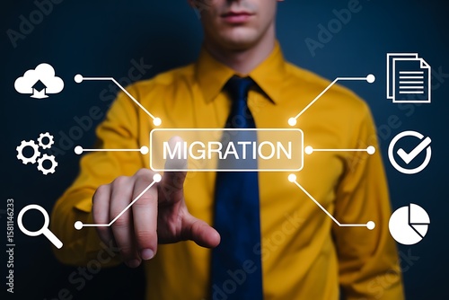 Businessman pointing at a digital screen displaying the word migration with related icons