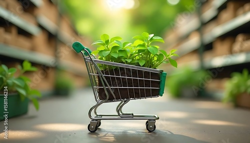 Shopping cart filled plant eco consumerism. Eco friendly purchase, sustainable market promoted. Green product innovation, responsible consumption. New lifecycle starts, created with generative ai