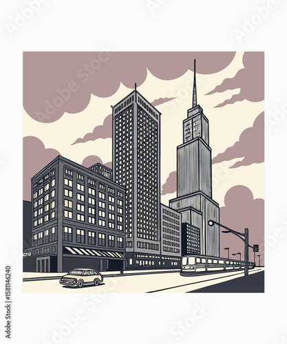 Urban Scene: Architectural marvels line a city street, complete with passing car and tram, all set against a backdrop of a cloudy sky.