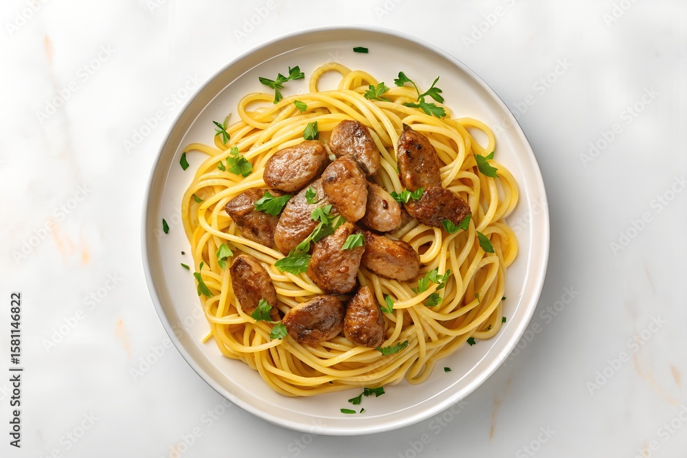 A delicious plate featuring spaghetti topped with succulent sausage and fresh parsley, perfect for a tasty meal A delicious plate featuring spaghetti topped with succulent sausage and fresh parsley, perfect for a tasty meal