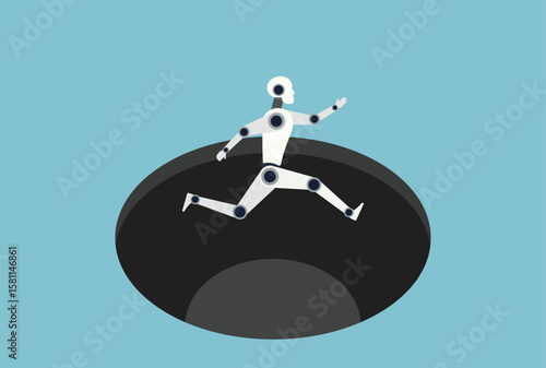 Vector illustration of a robot jumping over a big hole, representing AI’s agility and determination to overcome major challenges and advance toward future success
