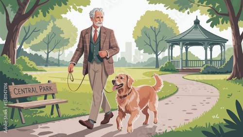 Morning Companionship – Senior Walking Golden Retriever Through Lush Green Park; Peaceful Routine, Gentle Bond, Nature’s Warm Embrace, Mindful Steps, Quiet Joy in Everyday Connection