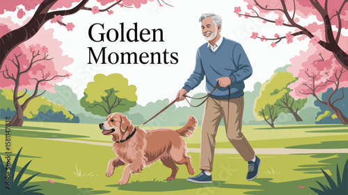 Morning Companionship – Senior Walking Golden Retriever Through Lush Green Park; Peaceful Routine, Gentle Bond, Nature’s Warm Embrace, Mindful Steps, Quiet Joy in Everyday Connection