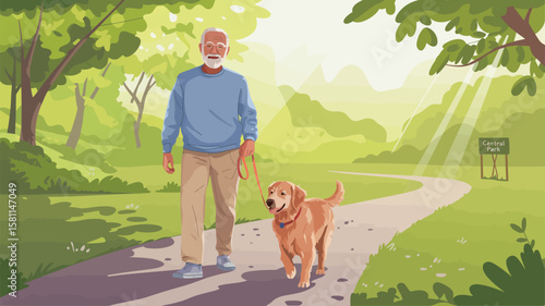 Morning Companionship – Senior Walking Golden Retriever Through Lush Green Park; Peaceful Routine, Gentle Bond, Nature’s Warm Embrace, Mindful Steps, Quiet Joy in Everyday Connection