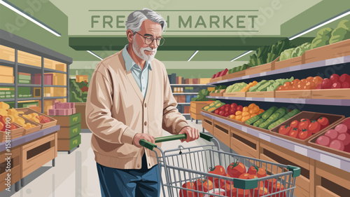 Golden Years Grocery Run – Senior Shopper Navigates Bright Aisles with Nourishment and Purpose; Everyday Essentials, Dignity in Routine, Community Connection, Familiar Comforts