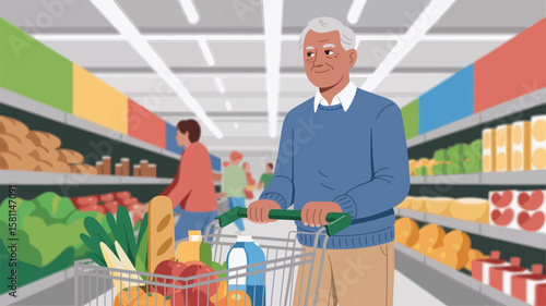Golden Years Grocery Run – Senior Shopper Navigates Bright Aisles with Nourishment and Purpose; Everyday Essentials, Dignity in Routine, Community Connection, Familiar Comforts
