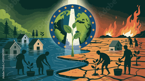 Conceptual Illustration for EU Day for the Victims of the Global Climate Crisis – Fractured Earth, Floods, Fires, Refugees, Protest Signs, Half-Mast EU Flag, and Hope Amid Climate Destruction