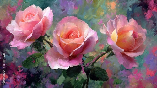 Three large pink roses showcase their petals in full bloom, surrounded by a swirling, colorful background that highlights their natural beauty and elegance.