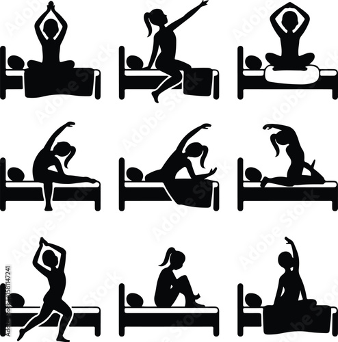 Girl Stretching in Morning Silhouette – Wake Up Pose Icon Set Morning Yoga Stretch Girl Silhouette – Relax & Fitness Vector Set