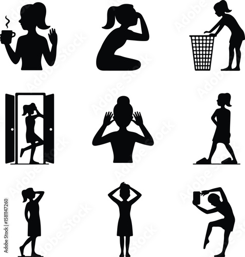 Girl Stretching in Morning Silhouette – Wake Up Pose Icon Set Morning Yoga Stretch Girl Silhouette – Relax & Fitness Vector Set