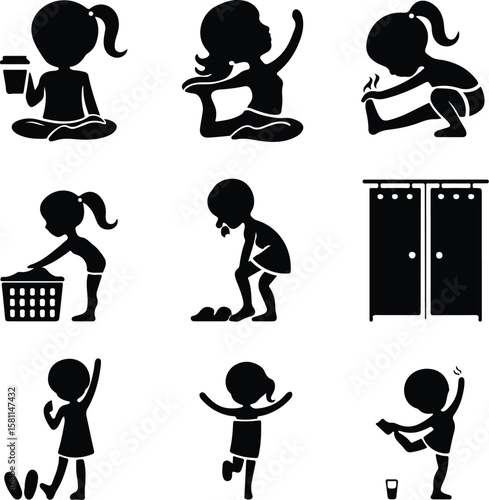 Girl Stretching in Morning Silhouette – Wake Up Pose Icon Set Morning Yoga Stretch Girl Silhouette – Relax & Fitness Vector Set