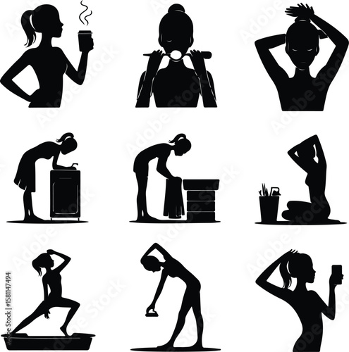 Girl Stretching in Morning Silhouette – Wake Up Pose Icon Set Morning Yoga Stretch Girl Silhouette – Relax & Fitness Vector Set