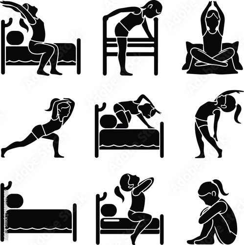 Girl Stretching in Morning Silhouette – Wake Up Pose Icon Set Morning Yoga Stretch Girl Silhouette – Relax & Fitness Vector Set
