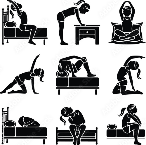 Girl Stretching in Morning Silhouette – Wake Up Pose Icon Set Morning Yoga Stretch Girl Silhouette – Relax & Fitness Vector Set
