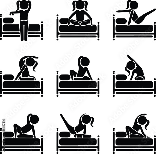 Girl Stretching in Morning Silhouette – Wake Up Pose Icon Set Morning Yoga Stretch Girl Silhouette – Relax & Fitness Vector Set