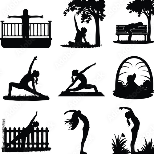 Girl Stretching in Morning Silhouette – Wake Up Pose Icon Set Morning Yoga Stretch Girl Silhouette – Relax & Fitness Vector Set