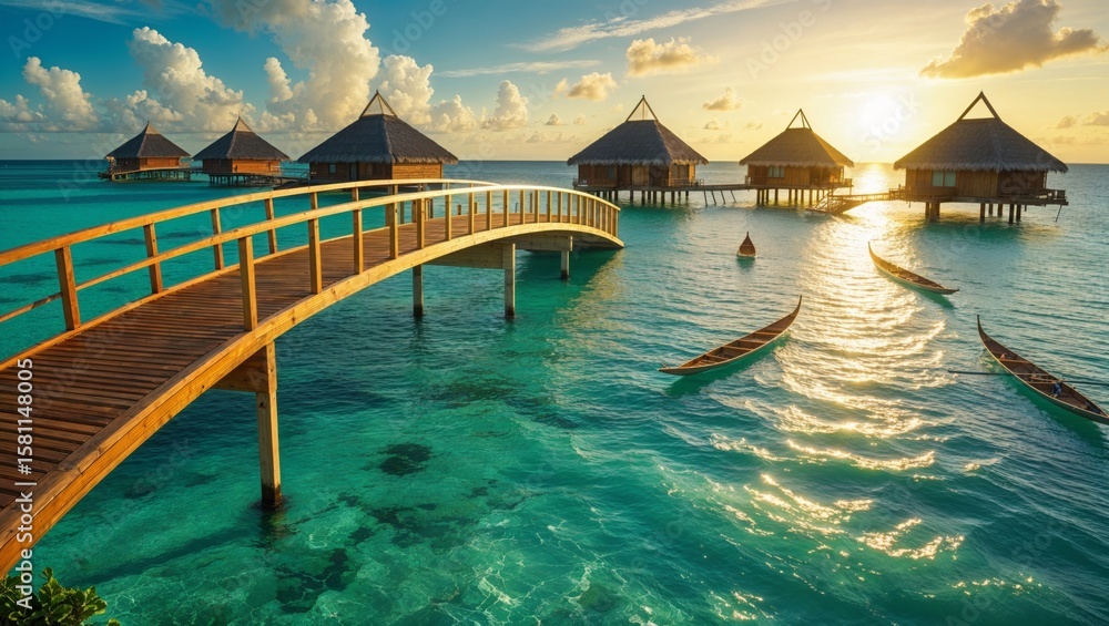 Fototapeta premium Overwater bungalows in a tropical paradise at sunset, offering a luxurious getaway.