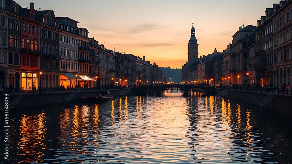 Fototapeta premium Canals reflecting golden city lights at dusk, portraying serene European charm.