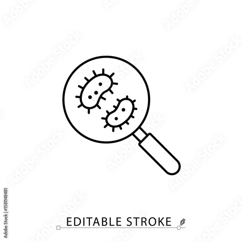A zoom bacteria icon in minimalist style with editable stroke. Microbial cells under magnifying glass, germ inspection, infection analysis, microorganism detection, outline vector illustration.