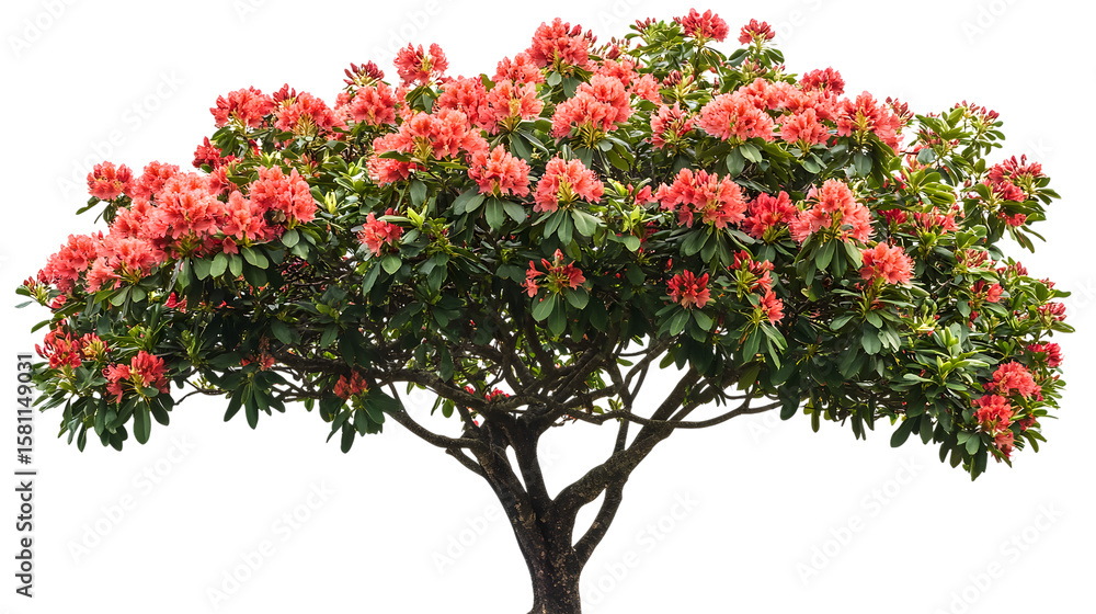 Blooming Rhododendron Tree With Lush Green Leaves And Vibrant Pink Flowers Blooming Rhododendron Tree With Lush Green Leaves And Vibrant Pink Flowers