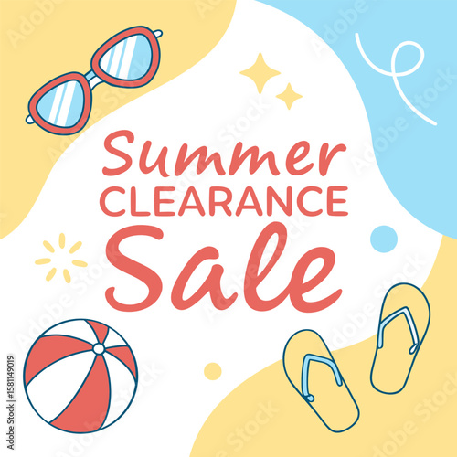 Summer clearance sale advertisement with sunglasses, beach ball, and flip flops on a colorful background