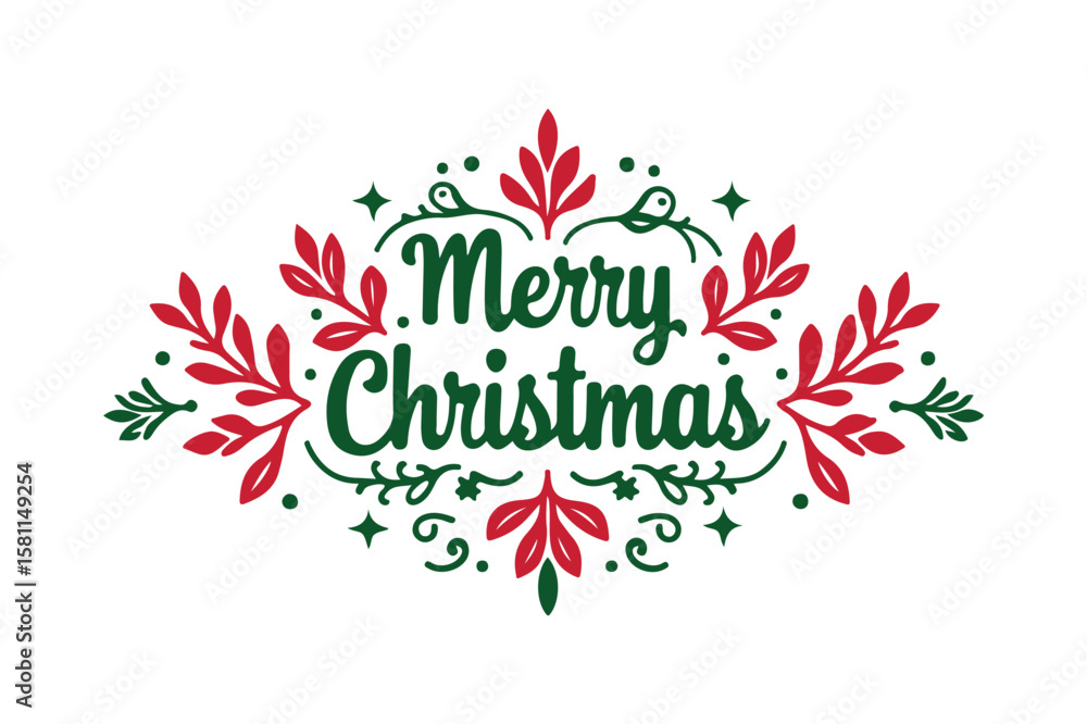 Fototapeta premium Elegant merry christmas greeting with festive red and green ornaments