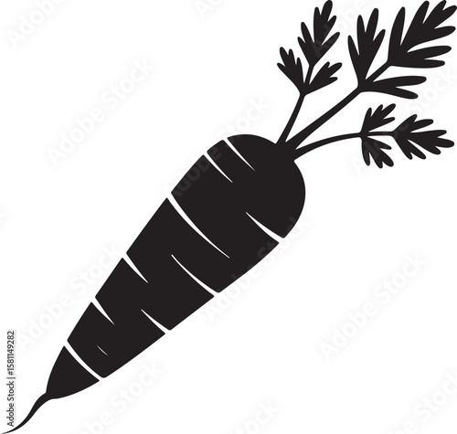 A simple black silhouette of a fresh carrot with green leaves on a white background