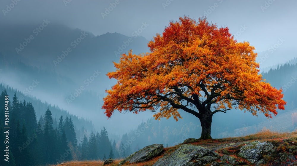 A solitary tree with bright orange and yellow leaves rises from rocky ground amidst dense fog in a serene mountain valley. Early morning light enhances the tranquil atmosphere. A solitary tree with bright orange and yellow leaves rises from rocky ground amidst dense fog in a serene mountain valley. Early morning light enhances the tranquil atmosphere.