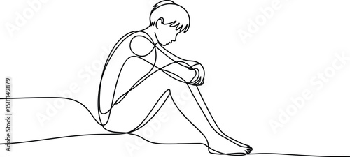 Continuous line art of a depressed child sitting in solitude – mental health concept