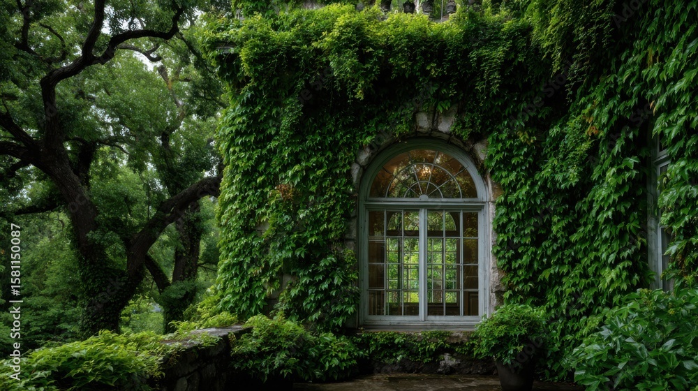 Lush greenery envelops a historic stone building, showcasing a large window framed by vibrant ivy. Surrounding trees contribute to a serene garden ambiance in the late afternoon light. Lush greenery envelops a historic stone building, showcasing a large window framed by vibrant ivy. Surrounding trees contribute to a serene garden ambiance in the late afternoon light.