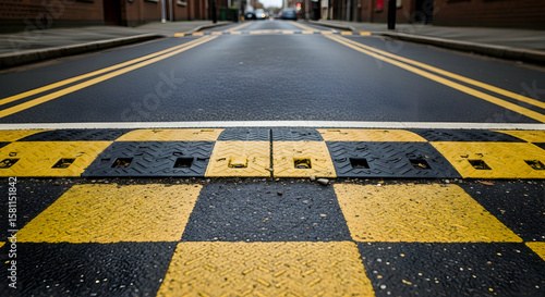 Wallpaper Mural Close-up view of a yellow and black speed bump road markings on an asphalt street Torontodigital.ca