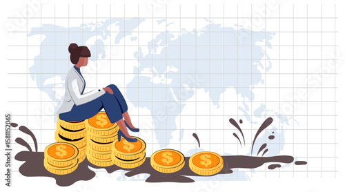 Economic crisis recession woman sitting on coins financial downturn concept sad businesswoman money stacks mud world map background infographic