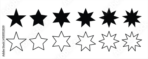 Star shape icon. ag and label. Black silhouette isolated on white background. Rating and review symbol. Decoration and advertising sign. Tag and label. Black silhouette isolated on white background.