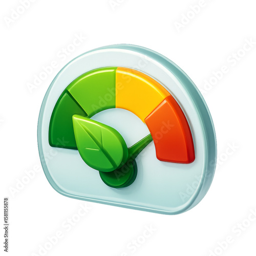 Net Zero Carbon Gauge Icon for Corporate Sustainability Reports Vector. Isometric carbon gauge with leaf pointer and green to red gradient, designed for corporate sustainability reports, ESG scorecard