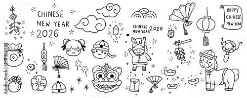 Hand drawn chinese new year element line doodle concept set. Illustration vector design.
