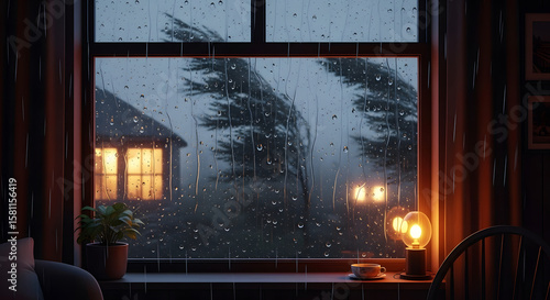 Cozy Rainy Night Scene: Window View, Illustration