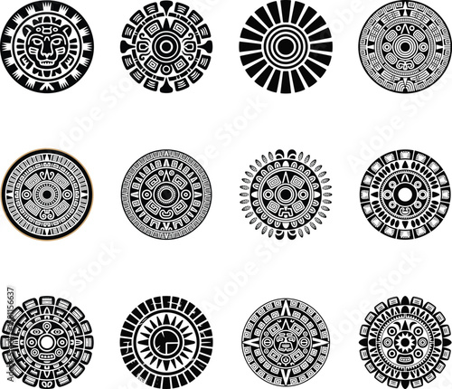 Collection of aztec and mayan glyphs featuring intricate cultural designs in black and white
