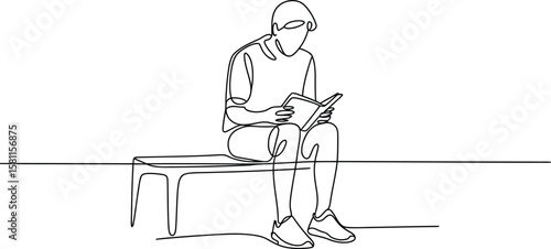 Minimal one line drawing of a man deeply focused while reading a book alone on a park bench