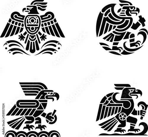 Vector illustrations of stylized eagles in geometric shapes displayed on white background