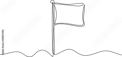 Minimal one line drawing of a waving flag on a pole representing victory, identity, or celebration
