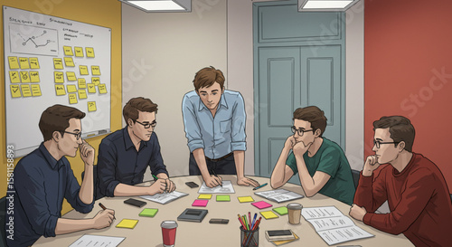 Young professional team collaborating during a strategic business meeting and brainstorming ideas with sticky notes on a whiteboard.